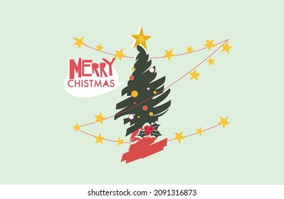 Flat style vector illustration Christmas Greeting Card. Merry Christmas lettering with Christmas tree. holidays symbol, decoration.