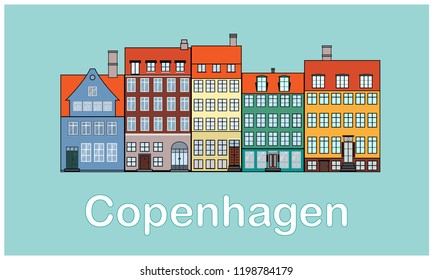 Flat style vector illustration of the city of Copenhagen, Denmark with colorful buildings. Old European city with pastel colored building facades.  