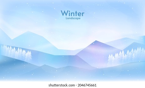 Flat style of vector illustration. Clear blue sky.  Winter mountains landscape with pines, hills and mountains. Snowy weather.  Snowdrift. Blizzard. Snowfall.