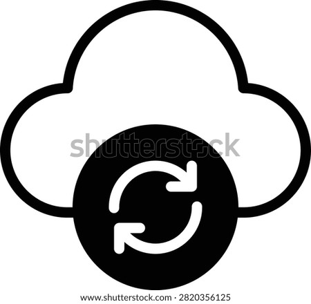 Flat style vector illustration of a cloud storage icon with a circular arrow symbol, representing data synchronization or cloud computing, suitable for technology and data management themes.