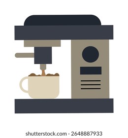 Ilustração de vetor de estilo plano de uma máquina de café preparando uma xícara de café expresso. Perfeito para marcas de café, designs de menus, ferramentas barista, blogs de café e projetos de design relacionados a bebidas. 