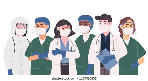 Flat style vector illustration collection of professional doctor and nurse team. Medical staff in uniform and hazmet suit standing. Heroes fighting the corona covid-19 virus.