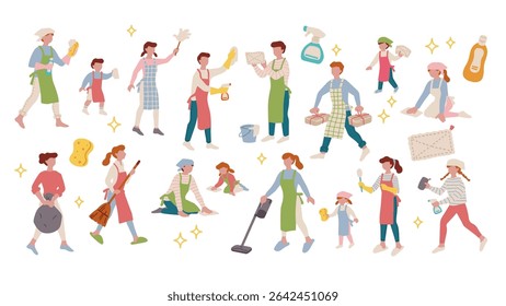 Flat style vector illustration collection of house cleaning day people and housekeeping services