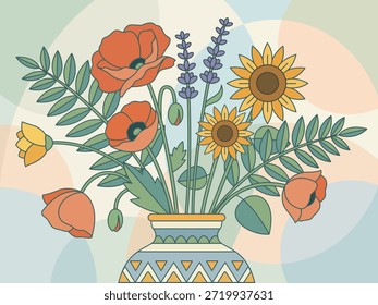Ilustración vectorial de estilo plano de un arreglo floral colorido con amapolas, girasoles y lavanda en un jarrón de cerámica sobre un fondo abstracto