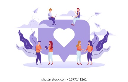 Flat style vector illustration of communication via Internet, social networking, talk, chat, love, like, video, news, messages, search friends