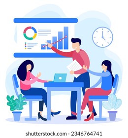Flat style vector illustration of company activity. Relations between employees and leaders, increase in company income.