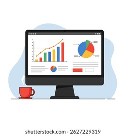 Flat style vector illustration of a computer monitor displaying business data charts and graphs. Data analysis, financial report, and business intelligence concept icon