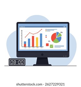 Flat style vector illustration of a computer monitor displaying business data charts and graphs. Data analysis, financial report, and business intelligence concept icon