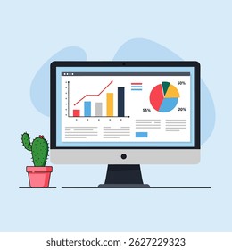 Flat style vector illustration of a computer monitor displaying business data charts and graphs. Data analysis, financial report, and business intelligence concept icon