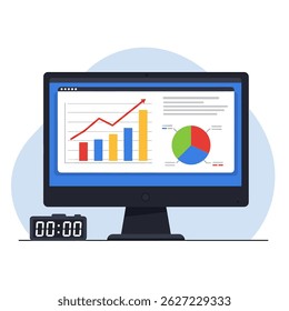 Flat style vector illustration of a computer monitor displaying business data charts and graphs. Data analysis, financial report, and business intelligence concept icon