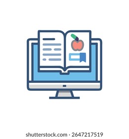 Flat style vector illustration of a computer displaying an open book. The image uses blue, grey, and white colors.