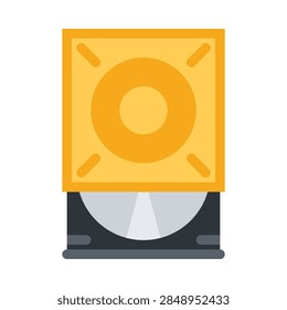 A flat style vector illustration of a computer disc drive featuring an open tray with an optical media disc inside.