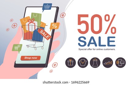 Ilustración vectorial de estilo plano de compras en línea en la pantalla del smartphone. Fácil planilla móvil de banner para la aplicación y el sitio web. Elemento de marketing digital. Descuento 50% de venta.