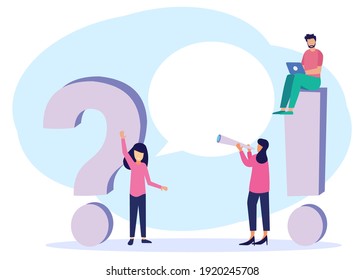 Flat style vector illustration, conceptual illustration of people, online communication, seminar, presentation of getting help information, answering questions.