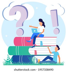 Flat style vector illustration, conceptual illustration of people, online communication, seminar, presentation of getting help information, answering questions.