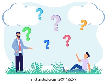 Flat style vector illustration, conceptual illustration of people, online communication, seminar, presentation of getting help information, answering questions.
