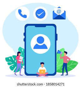 Ilustración vectorial de estilo plano. Persona de contacto en el dispositivo de comunicación. Contáctenos, página de inicio. Los diseños conceptuales se pueden utilizar para sitios web, páginas de inicio, interfaz de usuario, aplicaciones móviles, carteles, banners.
