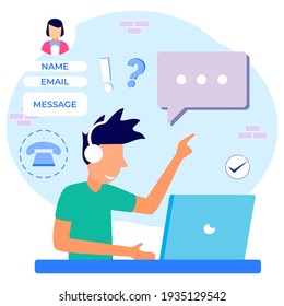 Flat Style Vector Illustration. Contact Us Form Templates for Web and Landing Pages. Male clerk Service Agent with Headset Talking to Client. Online Customer Support and Help desk Concepts.