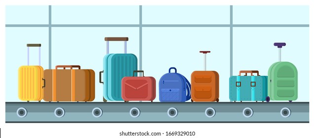 flat style vector Illustration, Conveyor belt with passenger luggage bags in airport hall Isolated on white backdrop, Suitcases Scanning on Baggage Carousel Before Departure, terminal Luggage Belt