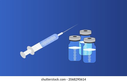 Ilustración vectorial plana del frasco de la vacuna COVID-19 con jeringa. Prevención de virus. Vacunación.