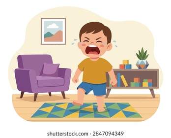 Flat style vector illustration of a crying child showing anger tantrum and frustration at home, emphasizing emotional outbursts, difficult behavior, poor self-control, and childhood habits