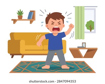 Flat style vector illustration of a crying child showing anger tantrum and frustration at home, emphasizing emotional outbursts, difficult behavior, poor self-control, and childhood habits