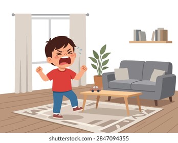 Flat style vector illustration of a crying child showing anger tantrum and frustration at home, emphasizing emotional outbursts, difficult behavior, poor self-control, and childhood habits
