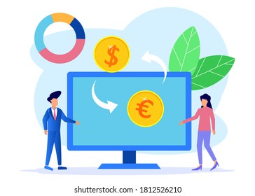Flat style vector illustration. Currency exchange, online money transactions, stock trading icon set. Open banking platform, stock market metaphor.