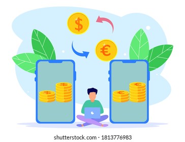 Flat style vector illustration. Currency exchange, online money transactions, stock trading icon set. Open banking platform, stock market metaphor.