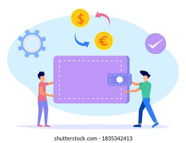 Ilustración vectorial de estilo plano. Cambio de divisas, transacciones de dinero en línea, juego de iconos de la bolsa. Plataforma de banca abierta, metáfora del mercado de valores.