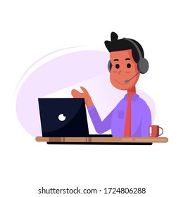 Flat style vector illustration, customer service, male hotline operator advises client, customer and operator