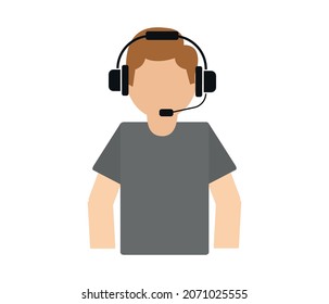 Flat style vector illustration of customer service, male with headphones and microphone.
