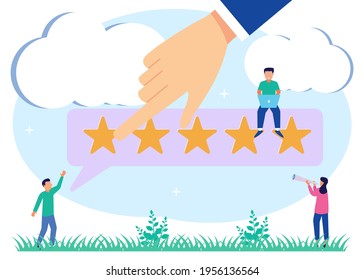 Ilustración vectorial de estilo plano. Los Clientes Reciben Un Voto De Cinco Estrellas. Los Clientes Escogen Calificaciones De Satisfacción Y Dejan Las Revisiones Positivas. Conceptos de servicio al cliente y experiencia del usuario.