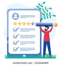 Flat style vector illustration. Customers Give Five Star Feedback. Clients Choose Satisfaction Ratings and Leave Positive Reviews. Customer Service Concepts and User Experience.