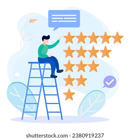 Flat style vector illustration. Customers Give Five Star Feedback. Clients Choose Satisfaction Ratings and Leave Positive Reviews. Customer Service Concepts and User Experience.