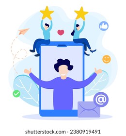 Flat style vector illustration. Customers Give Five Star Feedback. Clients Choose Satisfaction Ratings and Leave Positive Reviews. Customer Service Concepts and User Experience.