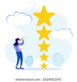 Flat style vector illustration. Customers Give Five Star Feedback. Clients Choose Satisfaction Ratings and Leave Positive Reviews. Customer Service Concepts and User Experience.