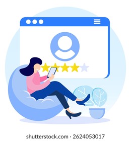 Flat style vector illustration. Customers Give Five Star Feedback. Clients Choose Satisfaction Ratings and Leave Positive Reviews. Customer Service Concepts and User Experience.