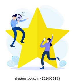 Flat style vector illustration. Customers Give Five Star Feedback. Clients Choose Satisfaction Ratings and Leave Positive Reviews. Customer Service Concepts and User Experience.