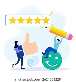 Flat style vector illustration. Customers Give Five Star Feedback. Clients Choose Satisfaction Ratings and Leave Positive Reviews. Customer Service Concepts and User Experience.