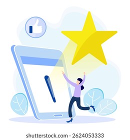 Flat style vector illustration. Customers Give Five Star Feedback. Clients Choose Satisfaction Ratings and Leave Positive Reviews. Customer Service Concepts and User Experience.