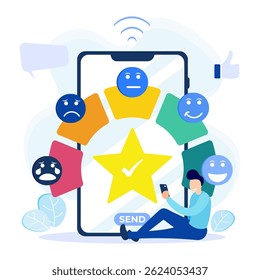 Flat style vector illustration. Customers Give Five Star Feedback. Clients Choose Satisfaction Ratings and Leave Positive Reviews. Customer Service Concepts and User Experience.