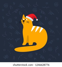 Flat style vector illustration of a cute cat in Christmas hat