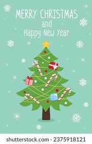 Flat style vector illustration, cute tree Christmas gift box and candy on Green background and message of Merry Christmas and Happy New Year
