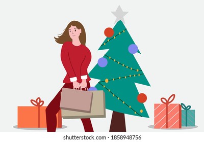 Flat style vector illustration of decorated cartoon Christmas tree with gift box beside. Next to the Christmas tree, there is a women holding shopping bags.
