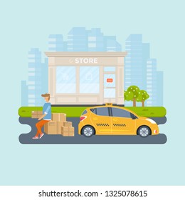 Flat style vector illustration delivery service concept. Taxi truck with young man holding box package, store,  shop shipping with sity background. Vector flat conceptual design.