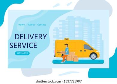 Flat style vector illustration delivery service concept. Taxi truck with young man holding box package, store,  shop shipping with sity background. Vector flat conceptua design for web banner, site