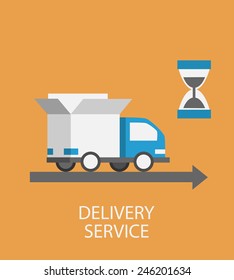 Flat style vector illustration delivery service concept. Abstract truck with open white box container and hourglass product item goods shop shipping.