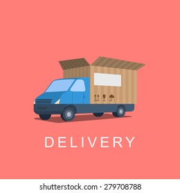 Flat style vector illustration delivery service concept. Abstract truck with open white box container and hourglass product item goods shop shipping. Big flat conceptual collection.