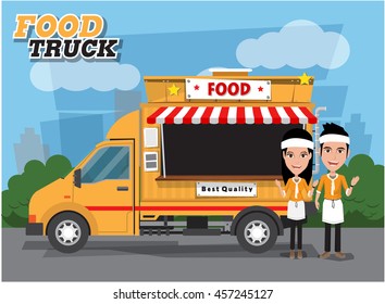 Flat style vector illustration. Delivery truck with sellers